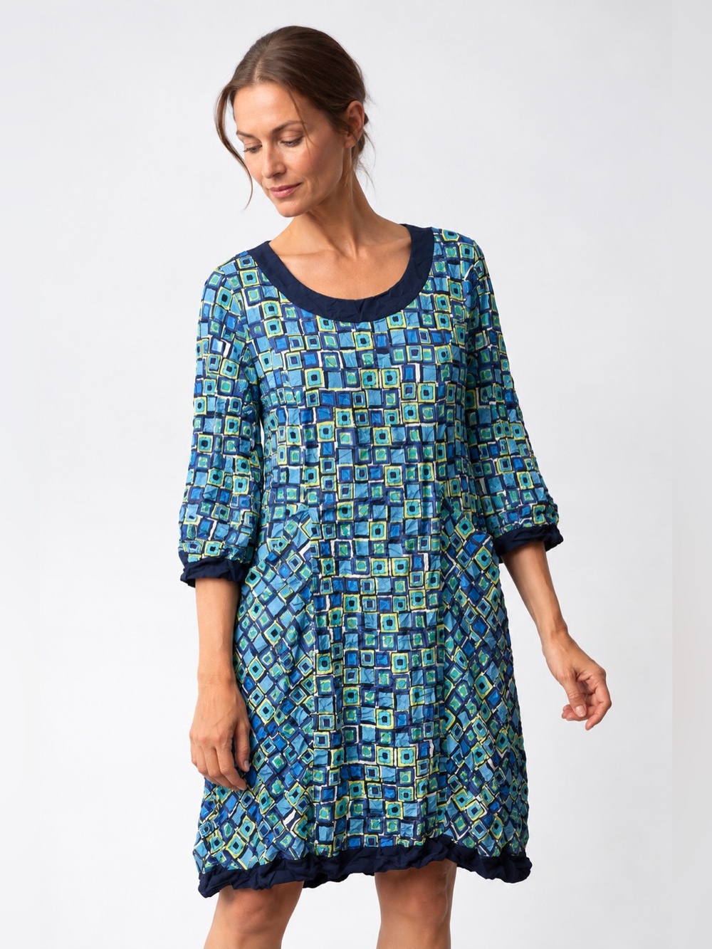 Habitat Blue Turquoise Geometric Print Crinkle Tunic Dress XL New